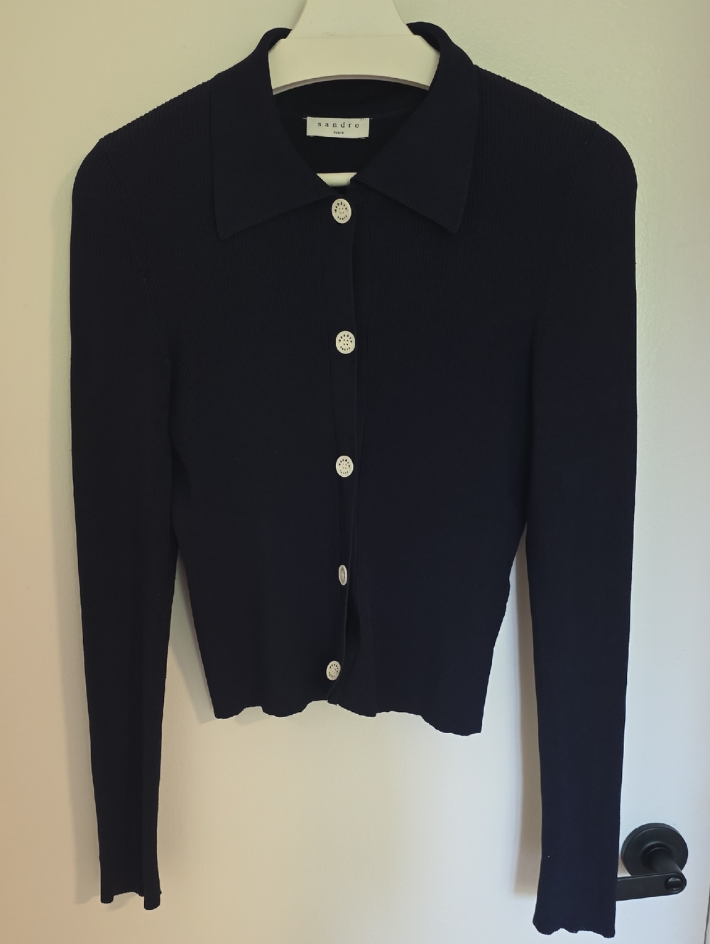 Sandro Navy Ribbed Button-Front Polo Cardigan
